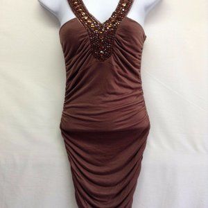 FASHION MAGAZINE Women's Dress Sleeveless V Neck Jeweled Bodycon Ruched NWT Sm